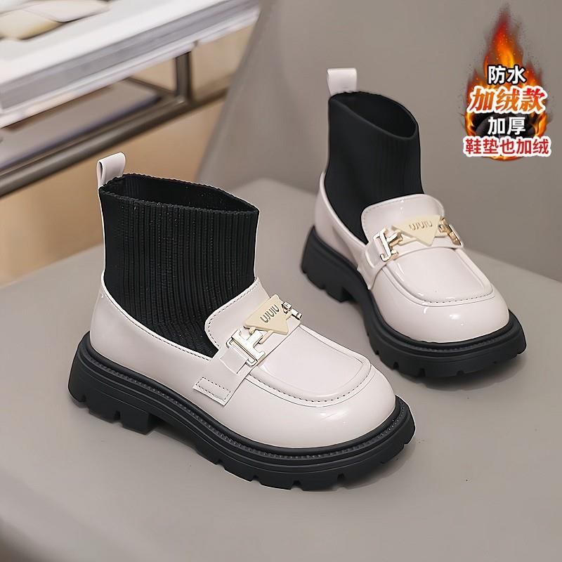 女童小皮鞋冬季2024新款加绒保暖儿童棉鞋中大童英伦风女孩袜子靴