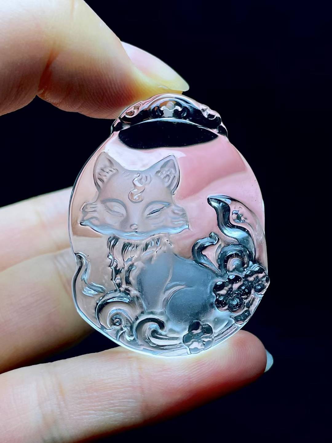 天然白水晶九尾狐吊坠，狐仙儿，纯白体，规格：45×34×12mm