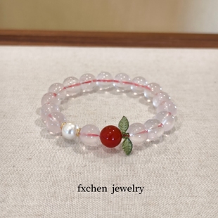 天然粉水晶手链女款 单圈红苹果珍珠手链饰品送女友闺蜜生日礼物
