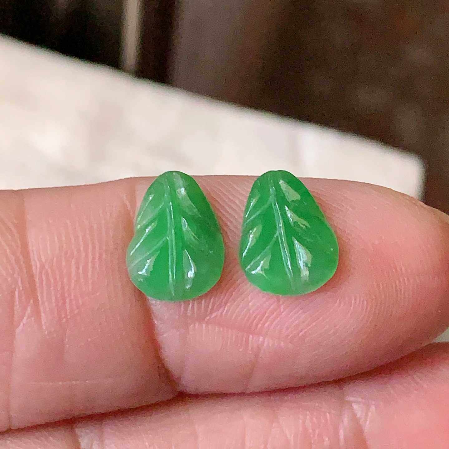 翠都翡翠珠宝天然A货裸石镶嵌戒面送证书冰种满绿叶子一对500069