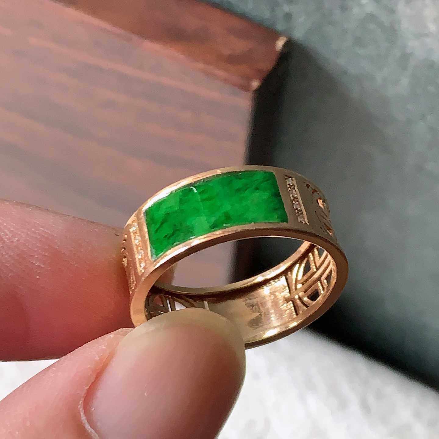 翠都翡翠珠宝缅甸天然A货玉石18K玫瑰金伴钻镶嵌16号戒指环151058