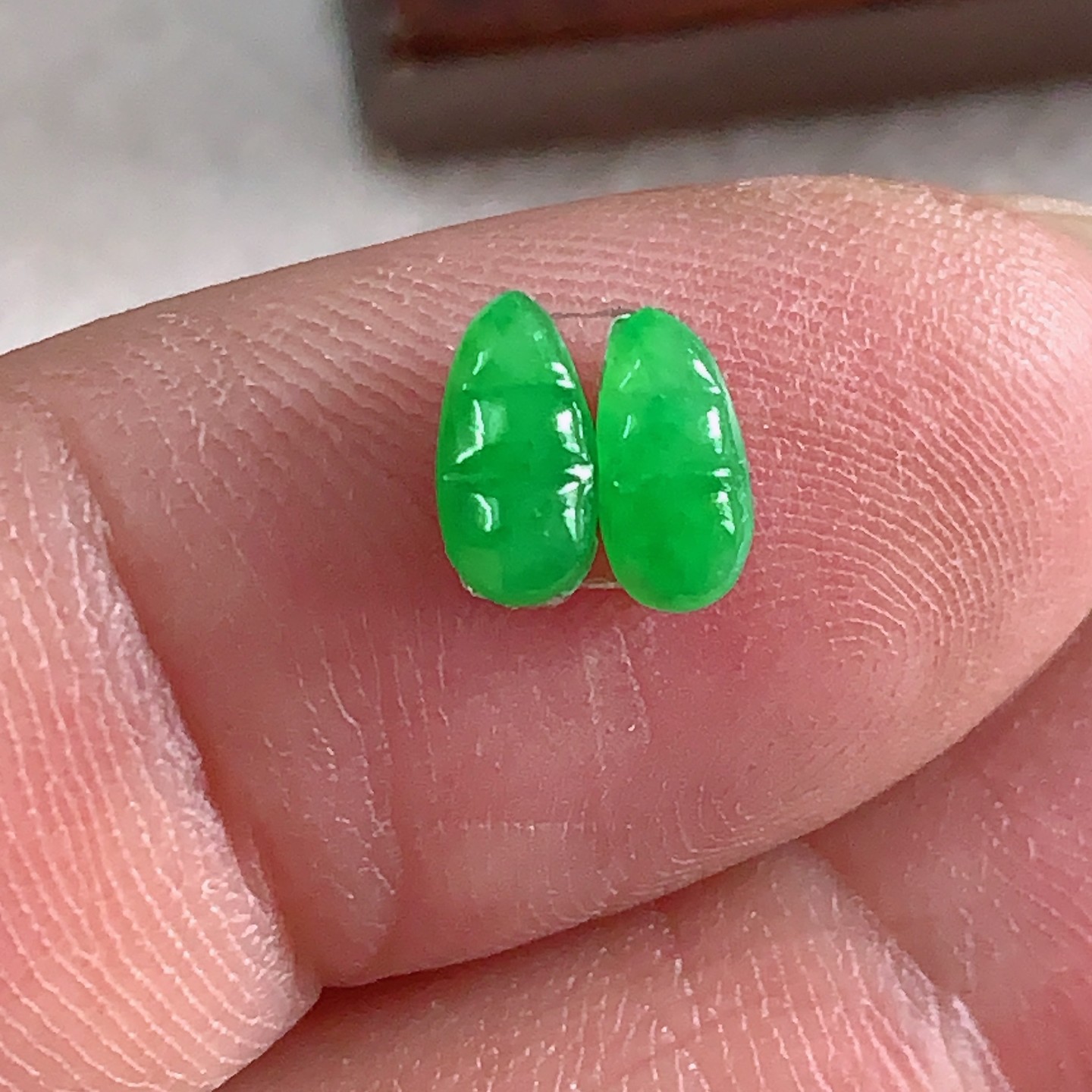 天然翡翠A货玉石裸石戒面镶嵌面套装送证书阳绿四季豆一对600936
