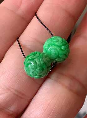 翠都翡翠珠宝天然翡翠A货耳饰小吊坠项坠阳绿精雕圆珠一对800193