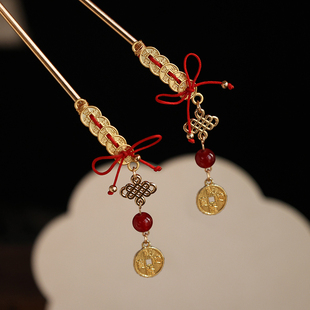 见习小财神铜钱发簪古风新年簪子复古发饰过年喜庆红色配饰头饰