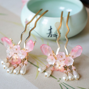 桃花瓣粉色琉璃蝴蝶掩鬓发钗小清新森系汉服头饰流苏步摇簪子U钗