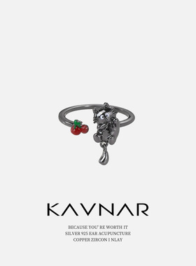 枪黑色樱桃小猫咪通勤可调节开口指环戒指女小众高级轻奢食指戒