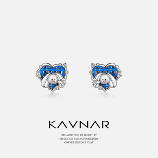 夏季 气质耳饰925纯银针耳环高级感 蓝色格子纹爱心小兔子耳钉时尚