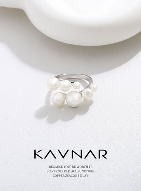 双排米白珍珠开口指环气质戒指女小众高级轻奢风个性时尚食指戒