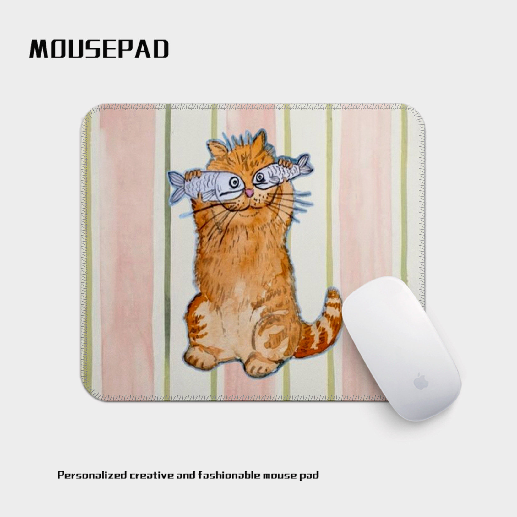 猫咪小鱼格纹卡通方形鼠标垫锁边可水洗宿舍办公电脑桌垫定制通用