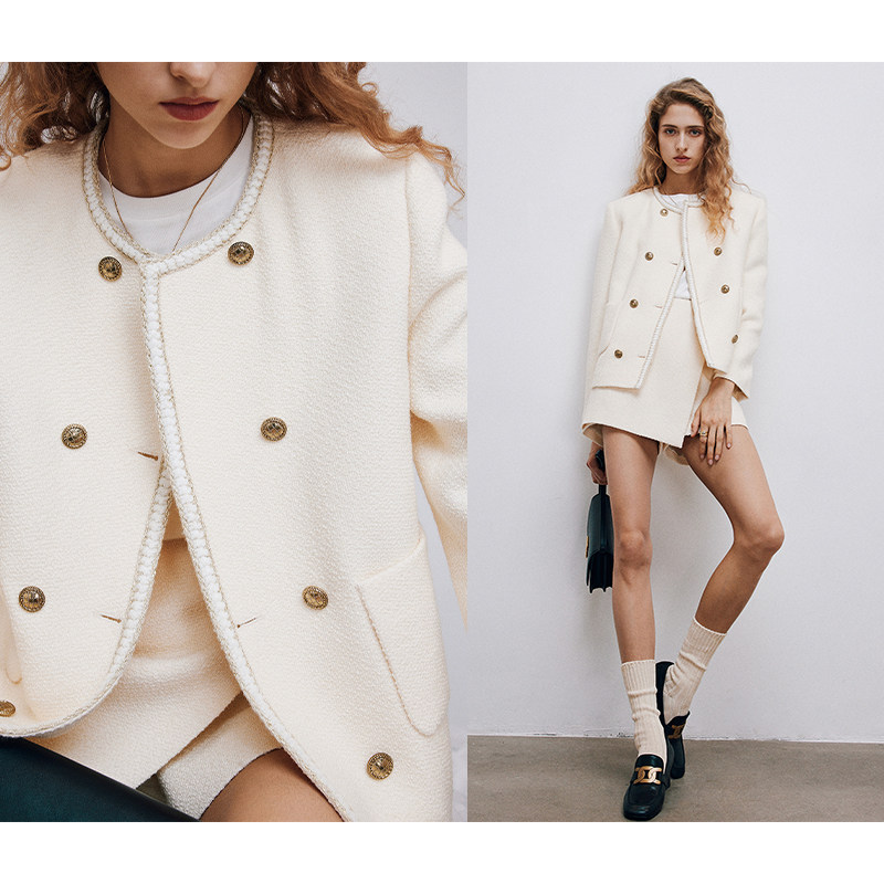 秘密盒子简单都市 羊毛肌理手工织带白色小香风外套斜裁搭片裙裤,女装/女士精品,时尚套装,淘宝优惠券,粉丝福利购,淘宝优惠卷