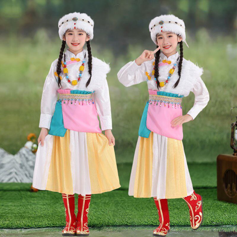 鄂温克族装女款儿童蒙族演出服少数民族舞蹈服独唱大摆裙蒙古服图片