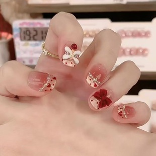 【烫金醒狮爆款纯手工穿戴甲高级法式腮红猫眼美甲贴片成品