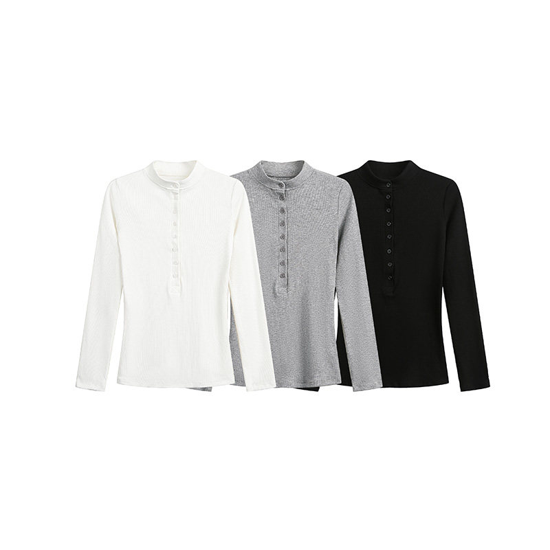 美式复古纯色亨利领长袖