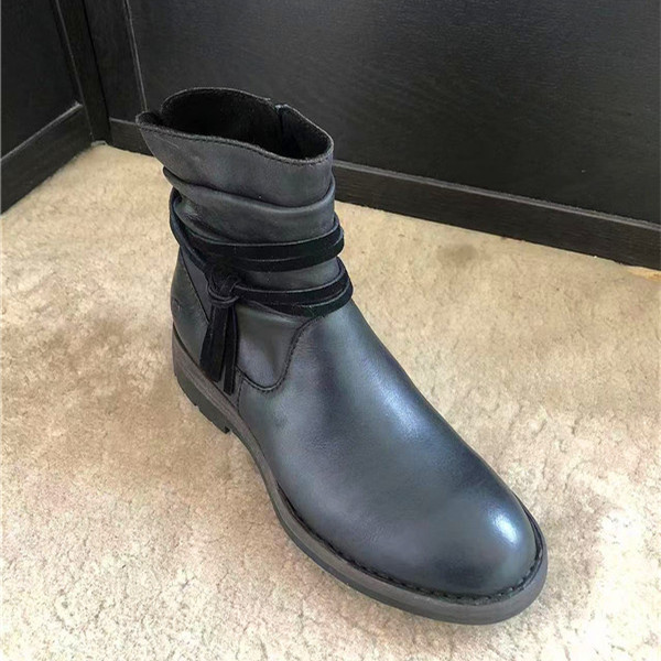 born 头层牛皮褶皱侧流苏内拉链女短靴6 7 8 9