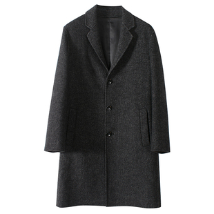 男士双面呢西装领单排扣毛呢大衣外套男羊毛大衣中长款有里衬斜纹