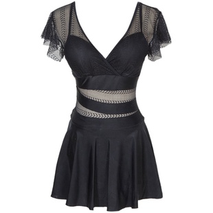 显瘦女游泳衣2024新款泡温泉连体平角带钢托小胸聚拢蕾丝韩国黑色