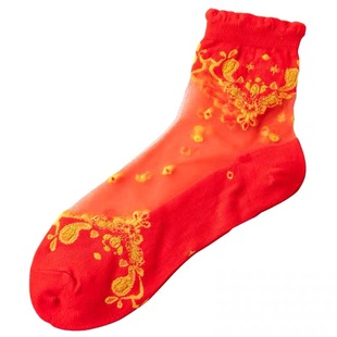 水晶丝袜短袜透明薄款棉底防滑本命年虎星高照红色红袜子女玻璃袜