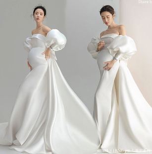 唯美孕照白色拖尾礼服摄影楼孕期妈咪艺术照 韩式 孕妇拍照服装 新款