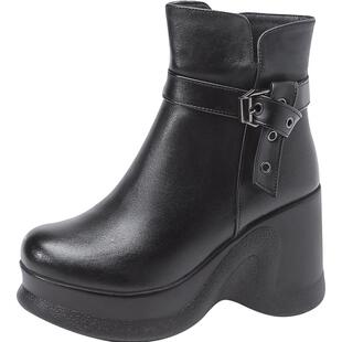 2025冬新款松糕头层牛皮短靴女真皮休闲厚底女高跟鞋靴子加绒保暖