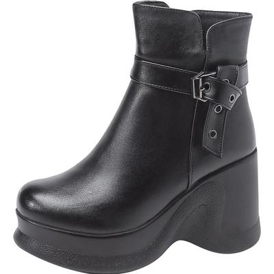 松糕头层牛皮休闲风加绒保暖短靴