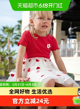 戴维贝拉儿童连衣裙2026夏装新款女童休闲洋气红色短袖网纱裙子