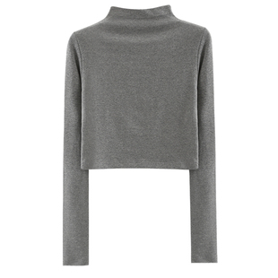 秋新款韩版纯白半高领修身高腰短款显瘦长袖体恤上衣内搭打底衫女