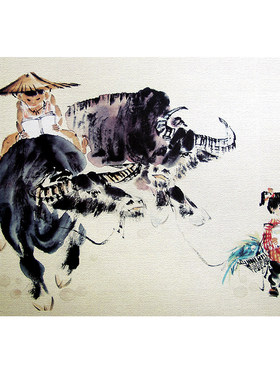 客厅水墨画牧童骑牛挂画背胶布画