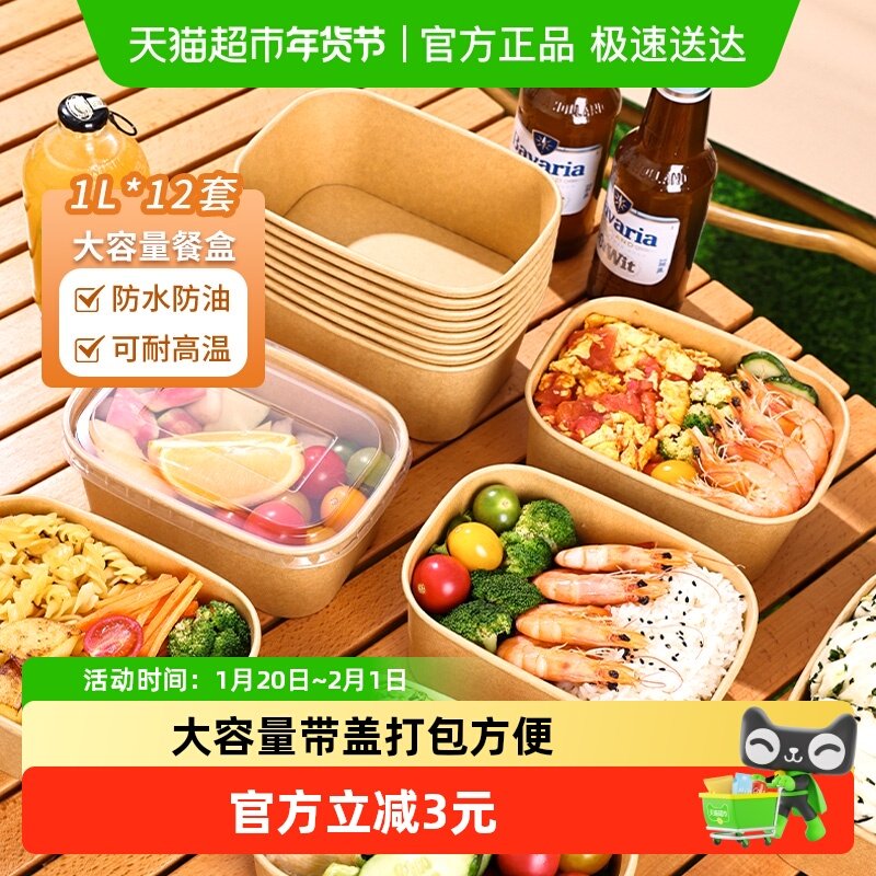 云蕾一次性牛皮纸餐盒带盖1L*12套露营野餐甜品水果便当打包盒,餐饮具,一次性餐盒,淘宝优惠券,粉丝福利购,淘宝优惠卷