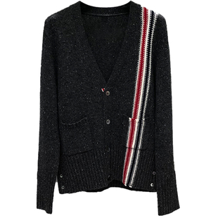 tb潮牌肩袖彩条毛衣男女情侣装经典款修身V领针织开衫外套秋冬季