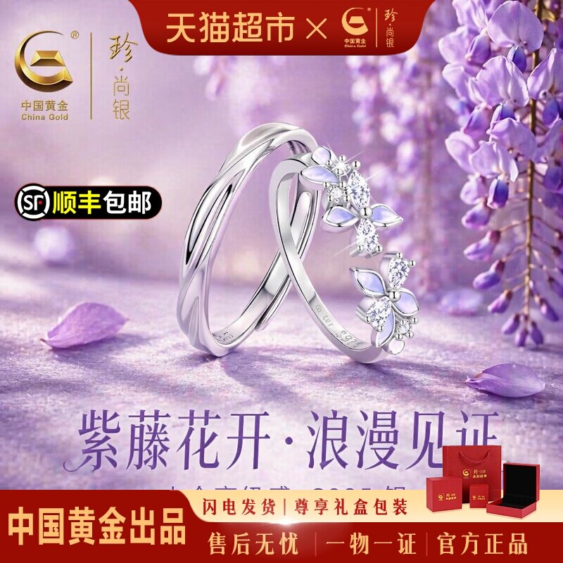 中国黄金珍尚银情侣对戒小众设计图片