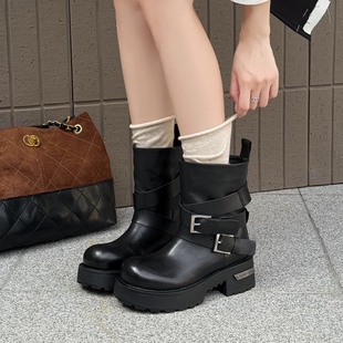 M608新款 马皮5分跟磨毛内里圆头橡胶底女士中筒靴