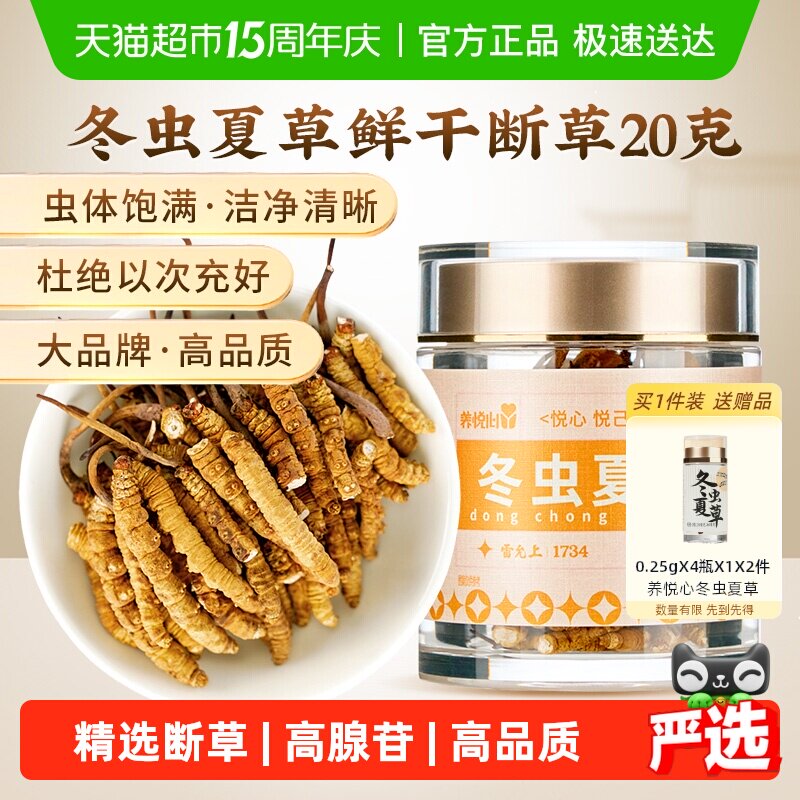 雷允上养悦心冬虫夏草断草精选大号断虫草20g非那曲干货正品