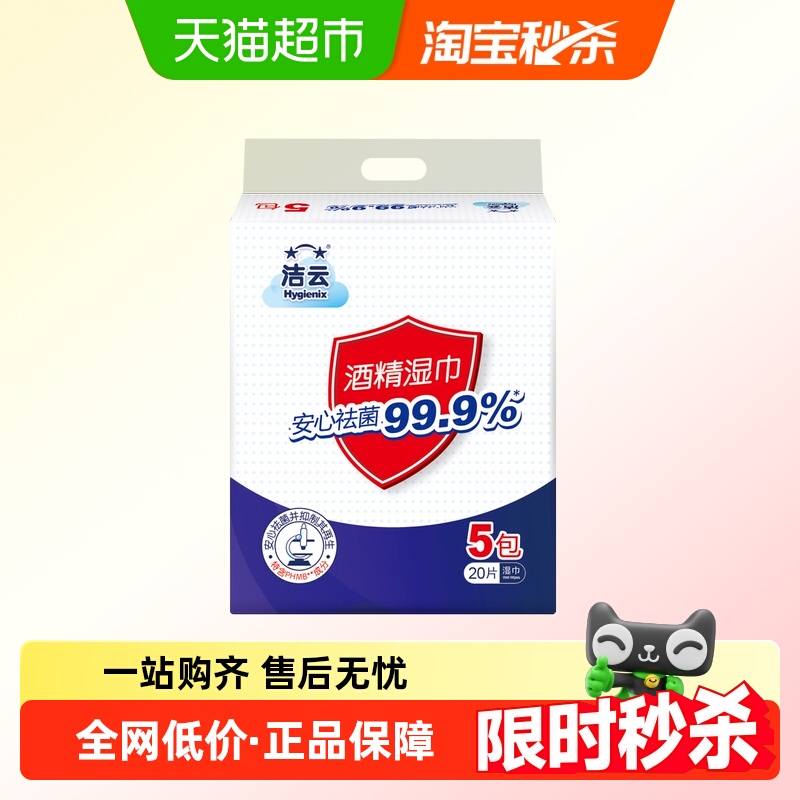 洁云含75%湿酒精湿巾20片×5包