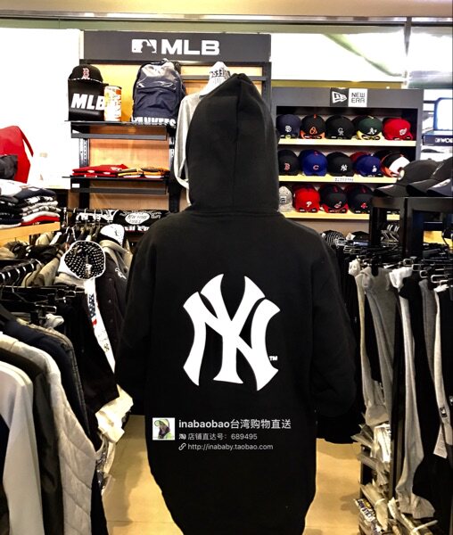 中国台湾代购MLB NY/洋基队 秋冬新纯棉套头厚帽T 男长袖连帽卫衣