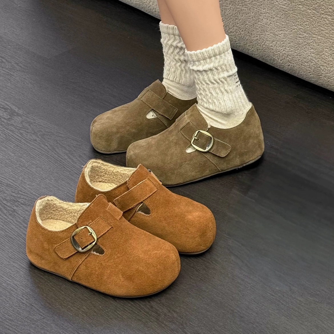 9801-2新款牛皮百搭增高扣带懒人加绒勃肯鞋羊毛鞋垫