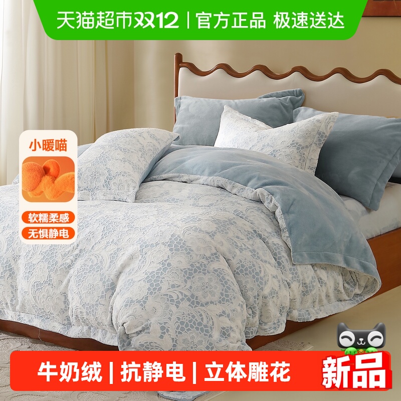 水星家纺加厚牛奶绒抗静电套件