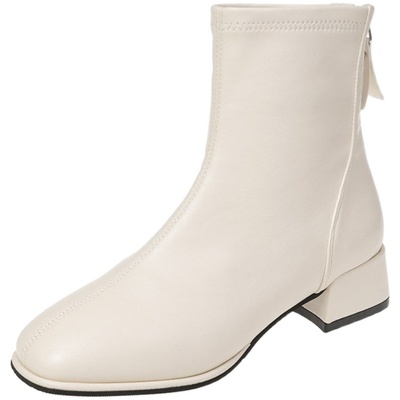 软皮小短靴软皮中跟米色瘦瘦靴