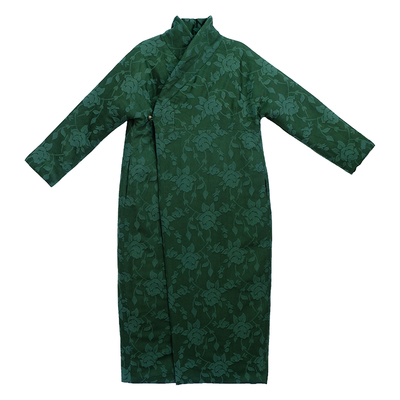 姜欢设计绿色提花亚麻斜襟棉袍