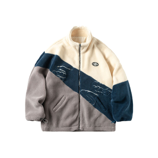 1997邮政局 国潮撞色拼接羊羔绒开衫情侣装卫衣羊羔毛外套男冬季