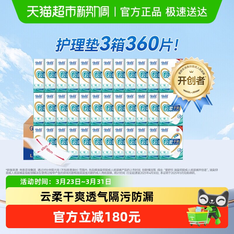 爱舒乐成人护理垫60*90cm老人用纸尿垫产妇垫纸尿裤尿垫120片*3箱