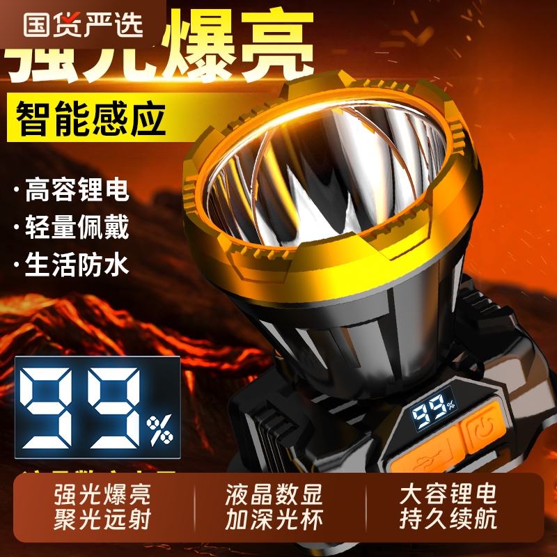 头灯强光充电超亮头戴式户外超长续航手电筒矿灯轻感应夜钓鱼专用