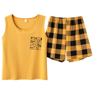 大码背心睡衣女夏纯棉薄款短裤无袖可外穿全棉宽松夏天家居服套装