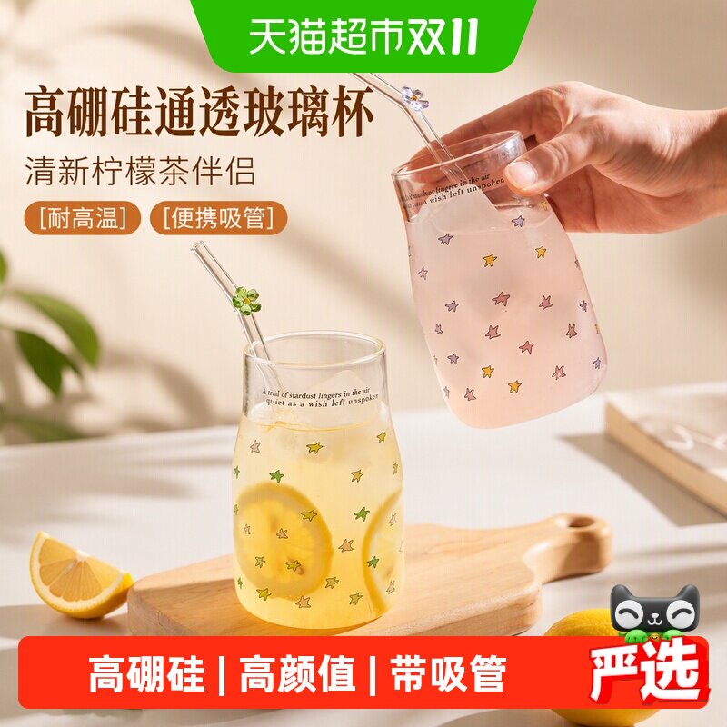 肆月高硼硅玻璃杯水杯绝美高颜值特别好看的女士饮料家用带吸管杯