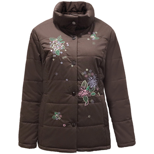 品牌中老年女装冬装新款咖色加厚保暖棉服外套百搭立领棉袄棉衣女