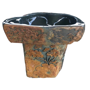 砚石洗手盆室内户外庭院别墅花园复古雕花石头面盆整石水槽洗衣池