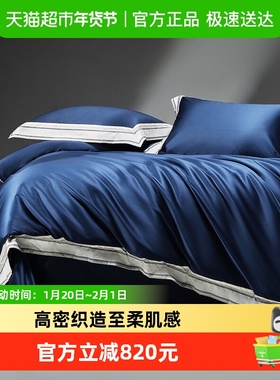 水星家纺140S双股匹马棉裸睡A类套件轻奢贡缎被套床单床品