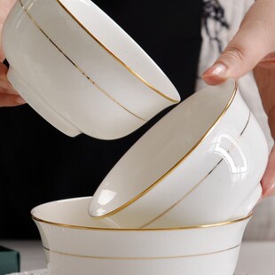唐山骨瓷碗家用5英寸吃饭碗陶瓷碗碟套装 金边6面碗餐具盘 2024新款