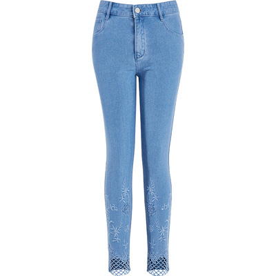 捷纯镂空刺绣高腰小脚裤