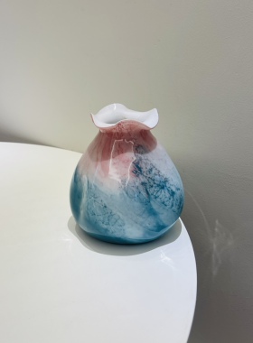 外贸出口花瓶粉红拼绿色时尚卷边高15口径5宽14