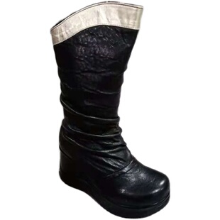 一席之地女鞋秋冬特惠中高筒皮靴子特惠舒适厚底坡跟百搭休闲胖脚